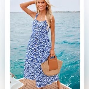 CUPSHE Blue & White Ruffle My Feathers Geo Patterned Maxi Sundress Medium NWOT